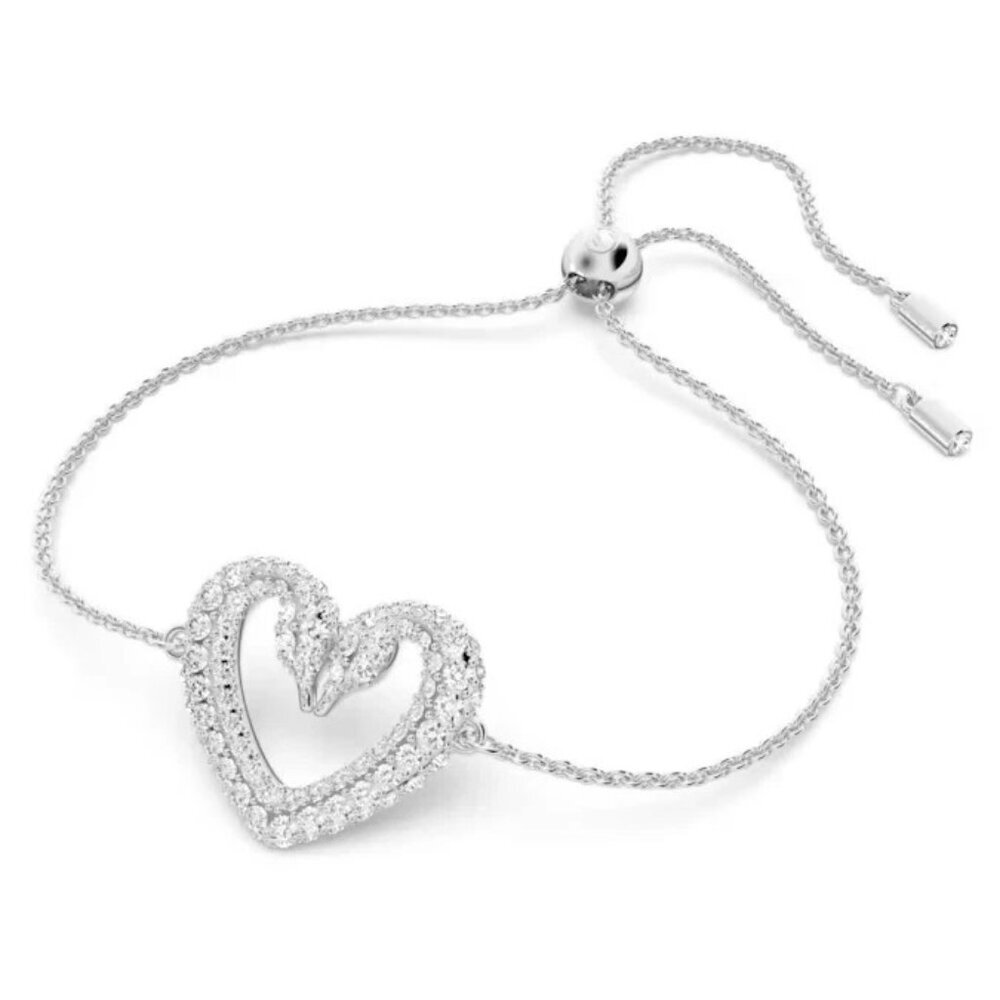 SWAROVSKI UNA SWAN HEART CRYSTAL RHINESTONE SILVER 9.5" SLIDE BRACELET NEW NWOT
